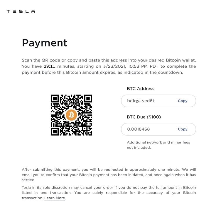 tesla btc payment